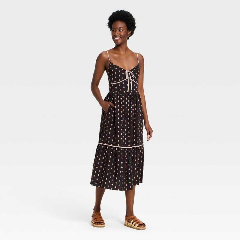 Universal Thread Black Strapless Midi Dress with Cream Dot Accents